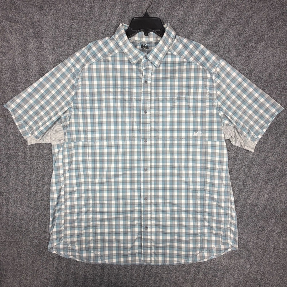 REI Co-op Mens Blue Plaid‎ Short Sleeve Hiking Shirt Vented Performance XXL